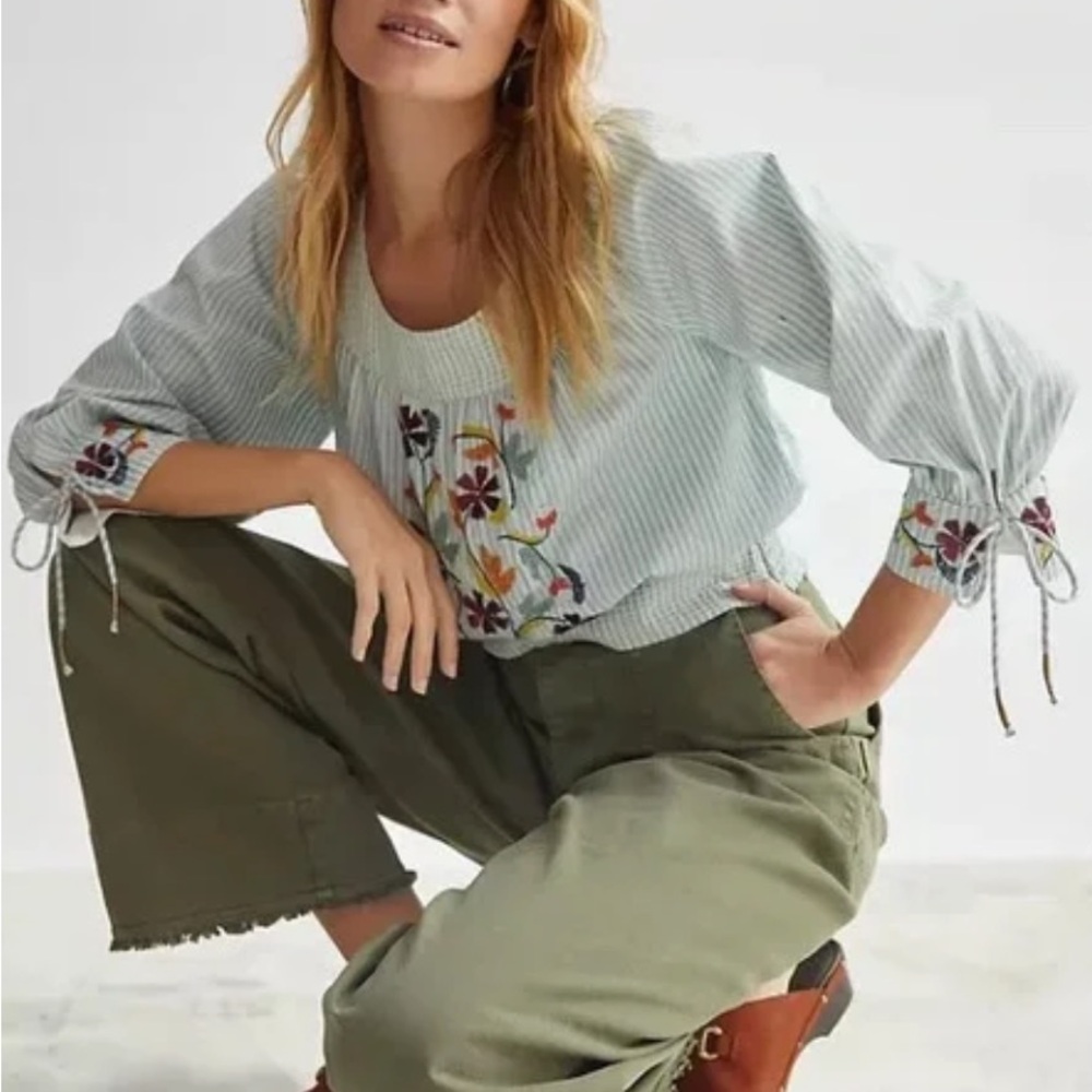 Anthropologie Blue Embroidered Blouse